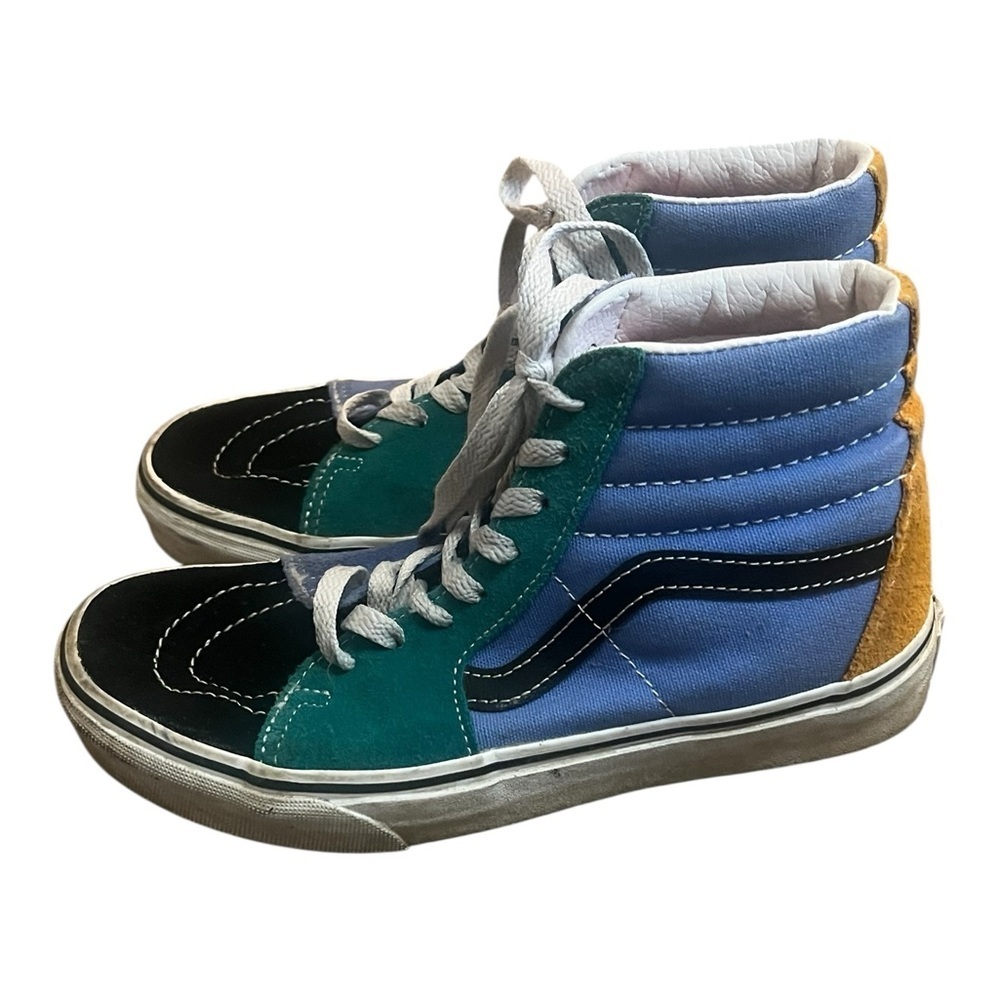 Vans SK8-Hi multicolor lace up sneakers blue suede, mustard yellow, green